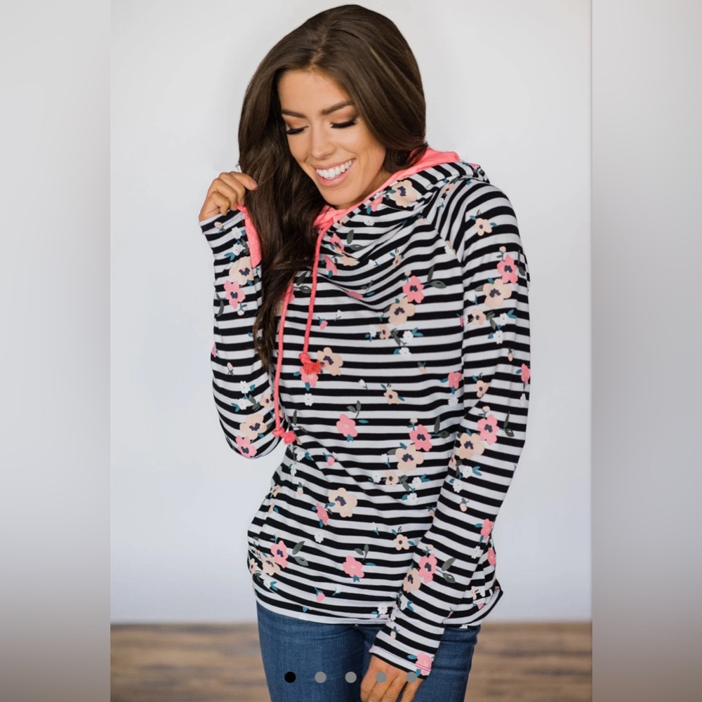 Striped Floral Hoodie with Pink Trim - Women's Sweatshirt